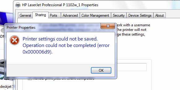 Printer Settings could not be saved. Operation could not be completed (Error 0x000006D9)